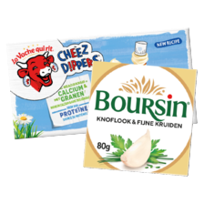 La Vache qui rit cheez dippers 3-pack
doosje à 105 gram
of Boursin knoflook
& fijne kruiden pakje à 80 gram
